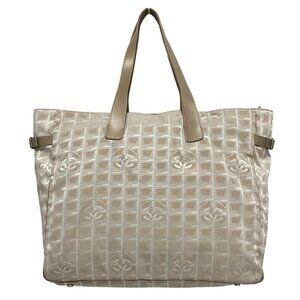 Auth CHANEL New Travel Line - Beige Cream Nylon Jacquard Leather Boston Bag